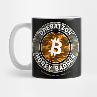 Operation Honey Badger Camo Orange Bitcoin Logo Mug